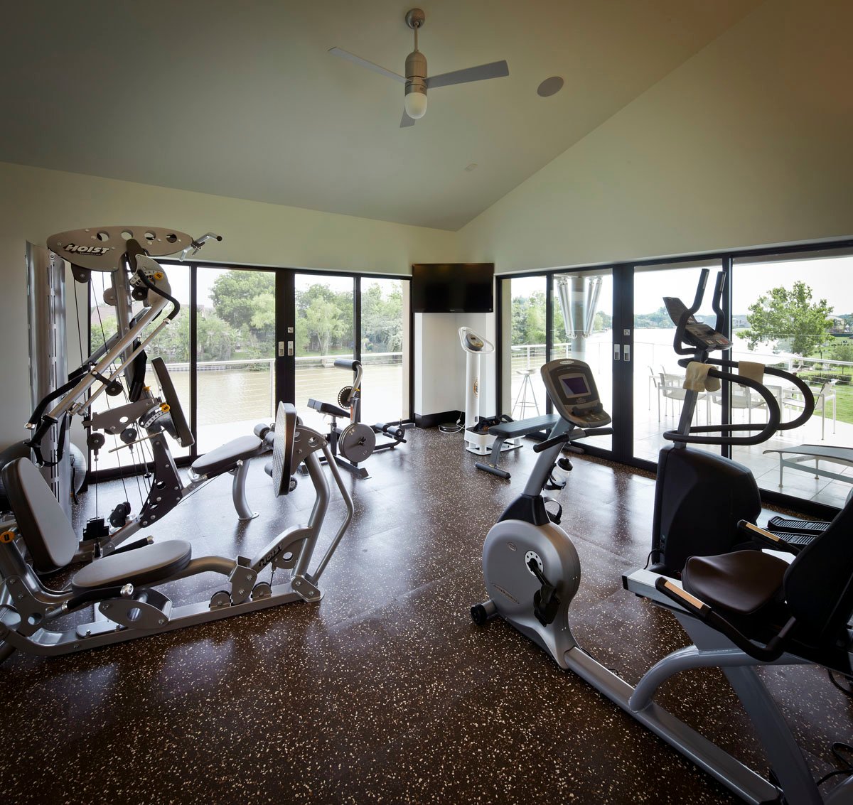 lakefront modern exercise room