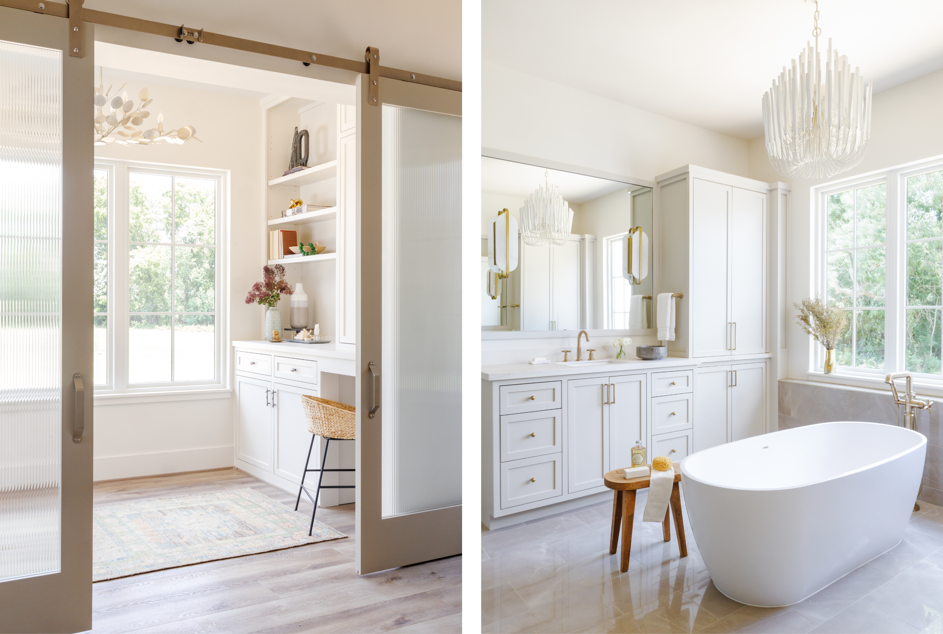 Side-by-side images showing a built-in desk niche with sliding glass doors and shelving on the left, and a primary bathroom with a freestanding soaking tub, custom vanity cabinetry, and layered lighting on the right.