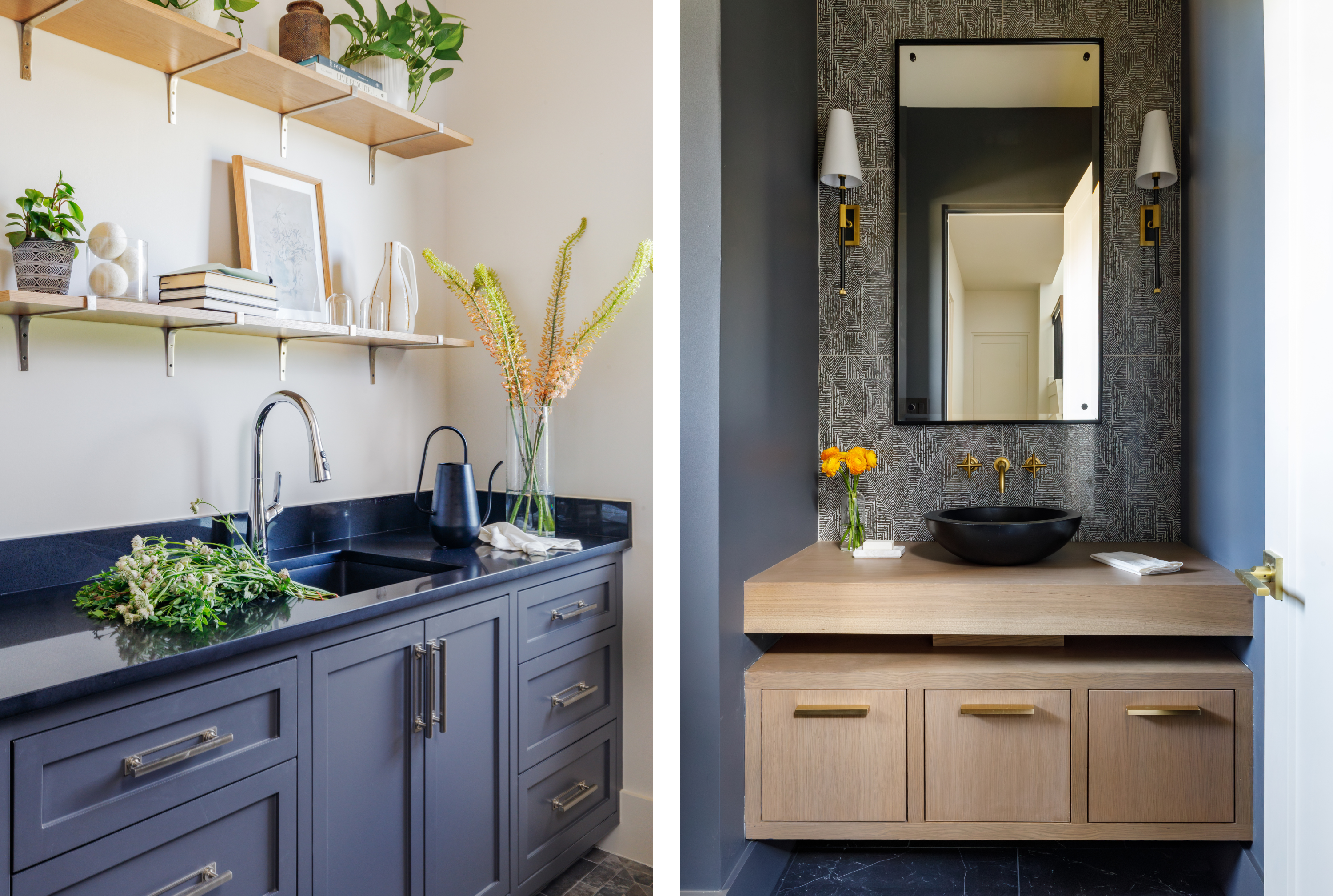 Side-by-side images showing a custom laundry room with built-in cabinetry, open shelving, and a utility sink on the left, and a powder bathroom vanity with textured wall covering, wall-mounted fixtures, and a floating wood cabinet on the right.