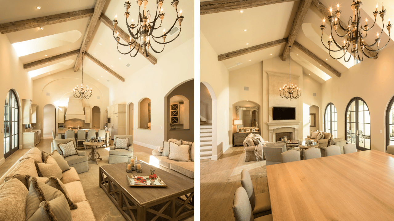 Spacious open floor plan with vaulted ceilings, connected kitchen, dining, and living areas for family gatherings
