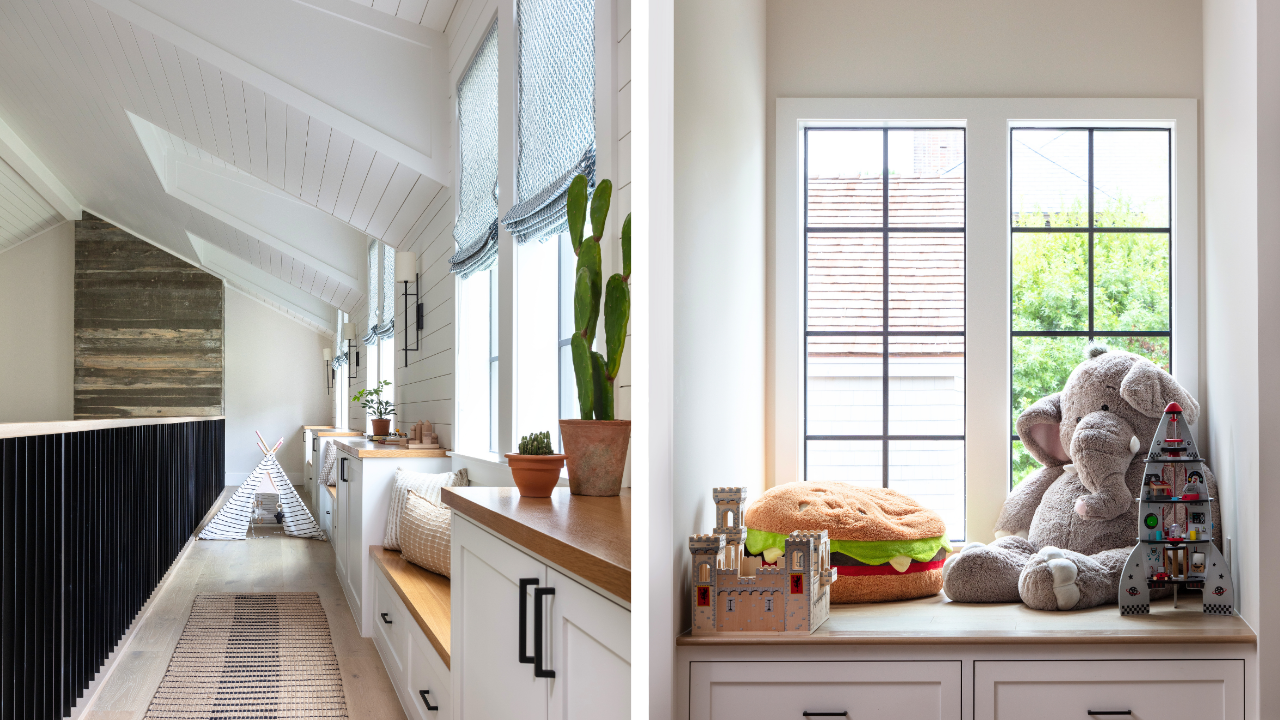 Custom home storage ideas including built-in window seats, toy storage, and organized family spaces