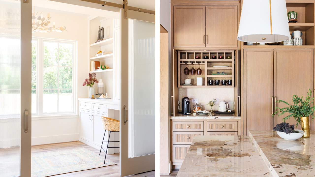 Built-in storage solutions with home office cabinetry, kitchen appliance storage, and custom pantry organization