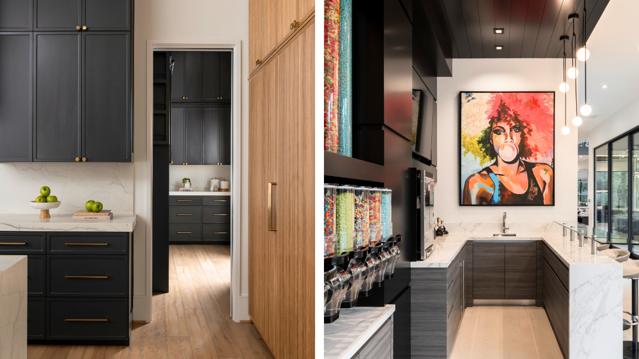 Custom kitchen and pantry storage with built-in cabinetry, hidden prep space, and organized family snack area