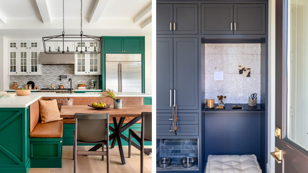 Family-friendly custom home storage with built-in breakfast seating, mudroom cabinetry, and pet-friendly features