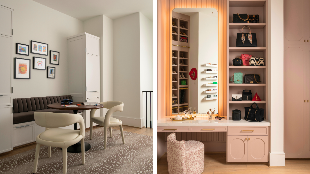 Custom storage solutions in a family-friendly home with built-in study seating, cabinetry, and closet organization