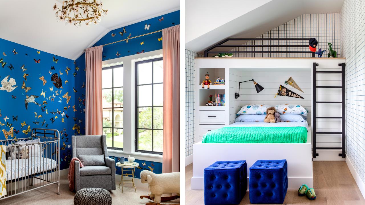 Personalized children’s bedrooms with colorful wallpaper, built-in beds, storage, and playful custom design