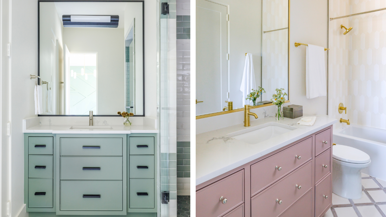 Kid-friendly custom bathrooms with durable vanities, storage drawers, bright finishes, and easy-to-clean materials