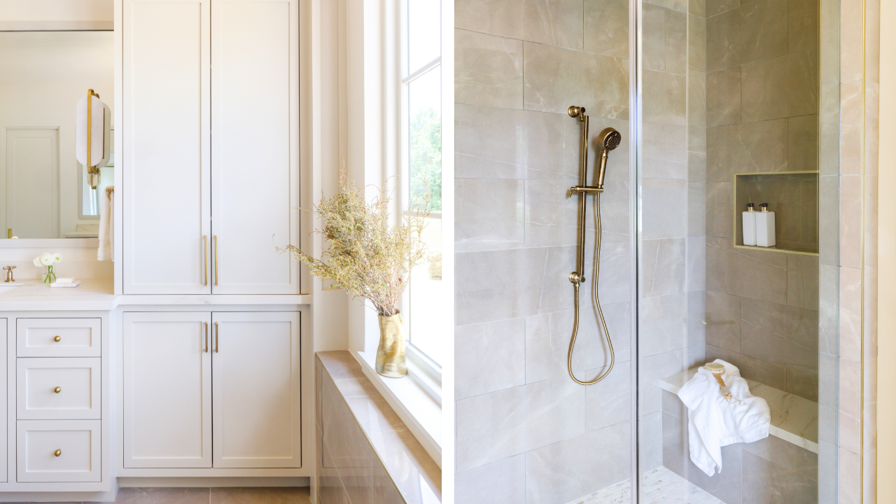 Custom bathroom storage and walk-in shower design with durable finishes for a family-friendly home
