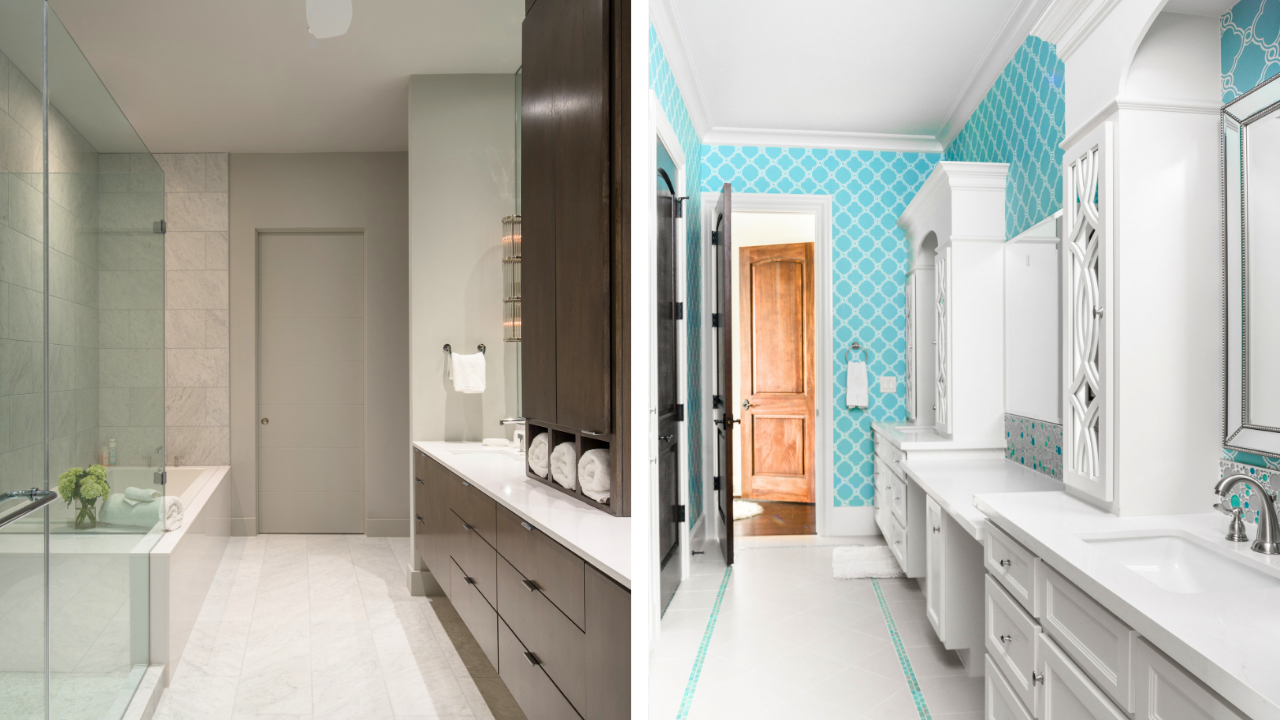 Kid-friendly bathroom layouts with double vanities, durable tile, built-in storage, and easy-maintenance finishes