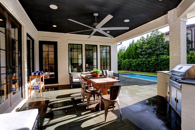Covered outdoor living area with pool, summer kitchen, and dining space in a family-friendly custom home