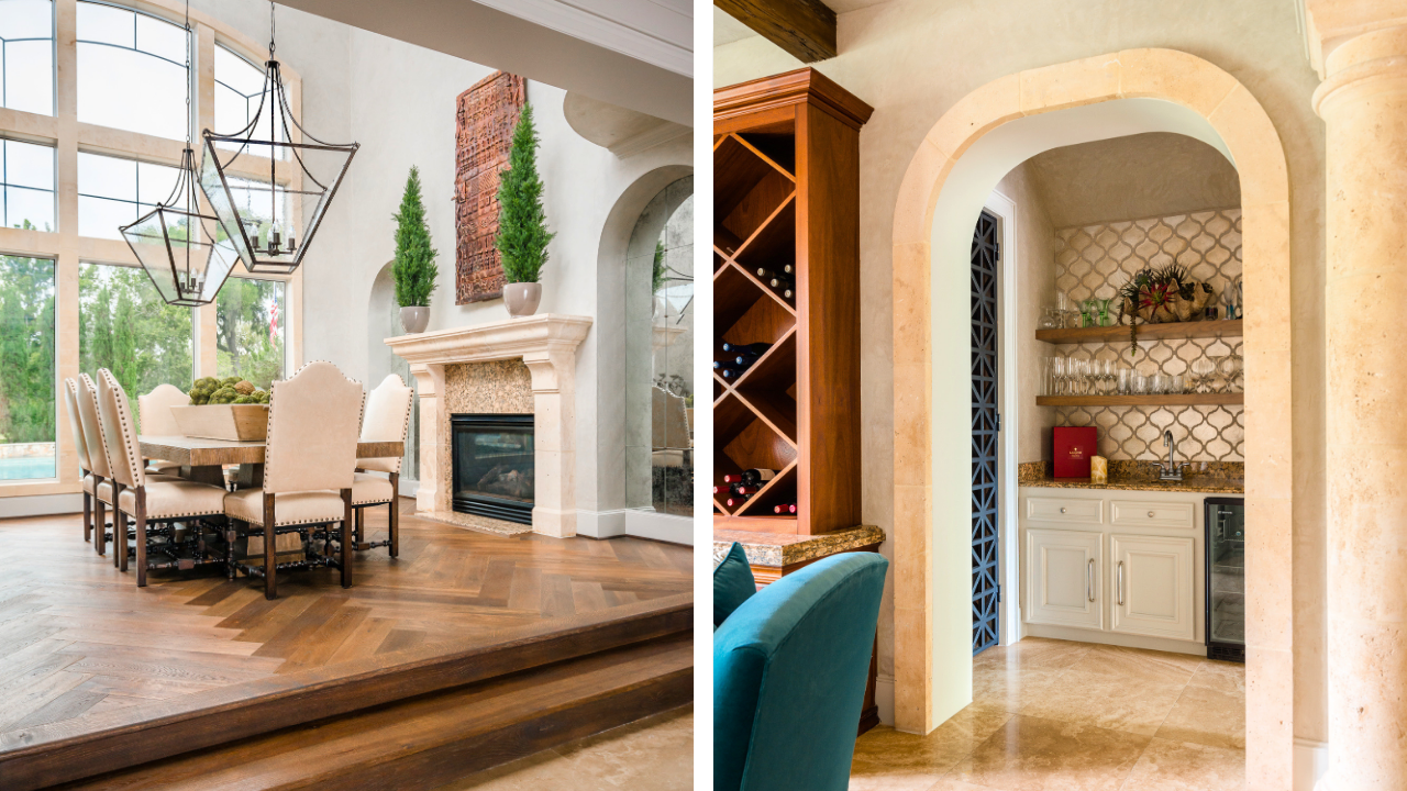 Custom home dining room and wet bar featuring arched architecture, stone details, wood flooring, and built-in storage.