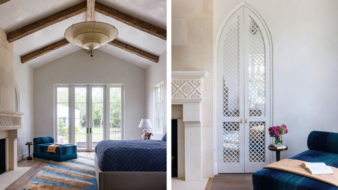 Custom home interior with vaulted ceilings, exposed beams, arched openings, and detailed lighting placement.