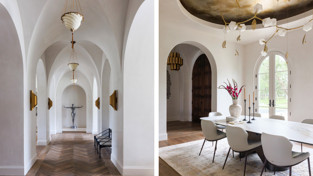 Luxury custom home interiors featuring arched architecture, designer lighting, warm wood floors, and curated finish selections.