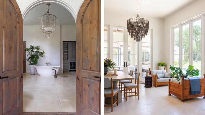 Custom home interior with arched built-in doors, fireplace surround, detailed millwork, and refined designer finishes.