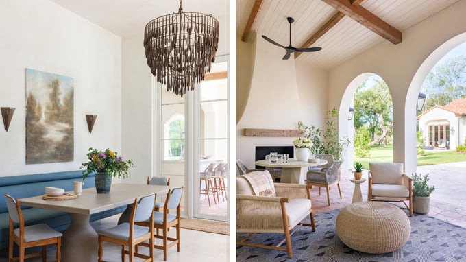 Luxury custom home interior with tile flooring, arched openings, designer lighting, and seamless indoor-outdoor transitions.