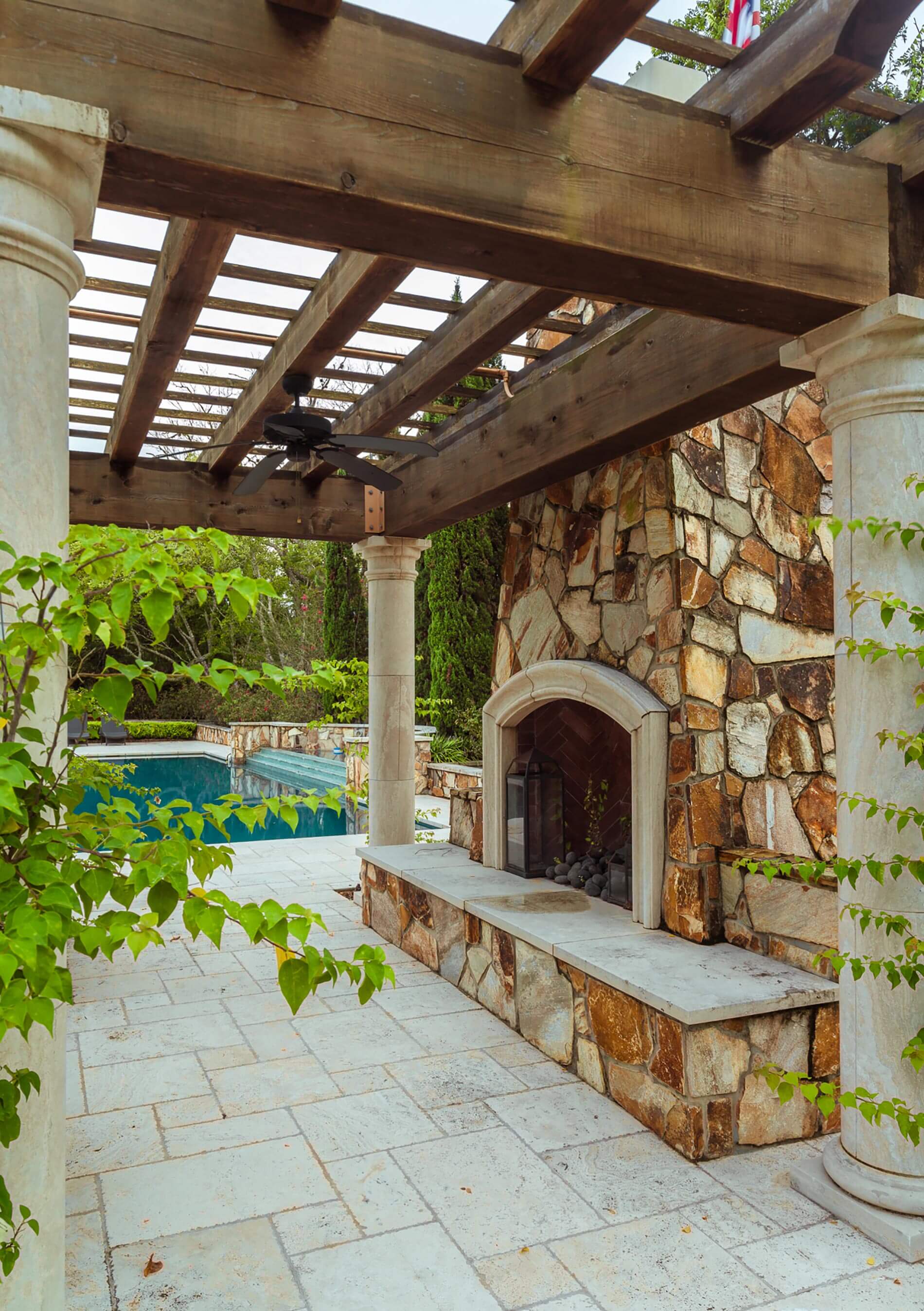 tudor custom outdoor fireplace