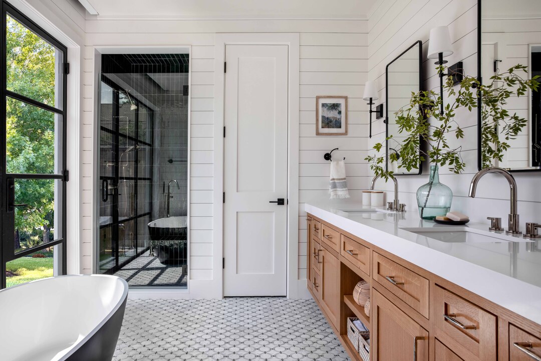 cedar shake transitional master bath