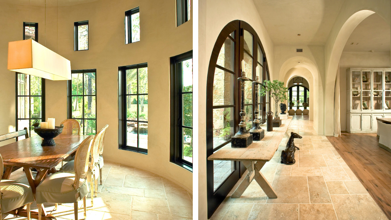 Black-framed rectangular and arched windows featured throughout a Houston custom home.