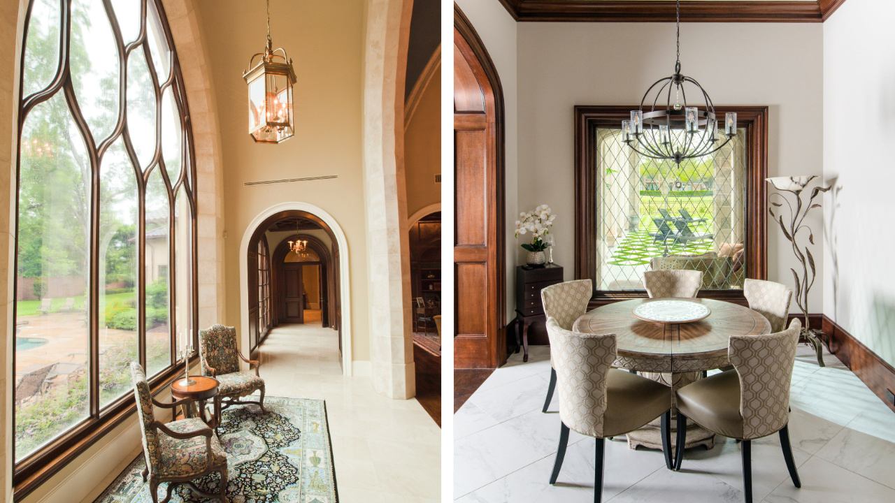 Arched and decorative leaded-glass windows in a luxury custom home.