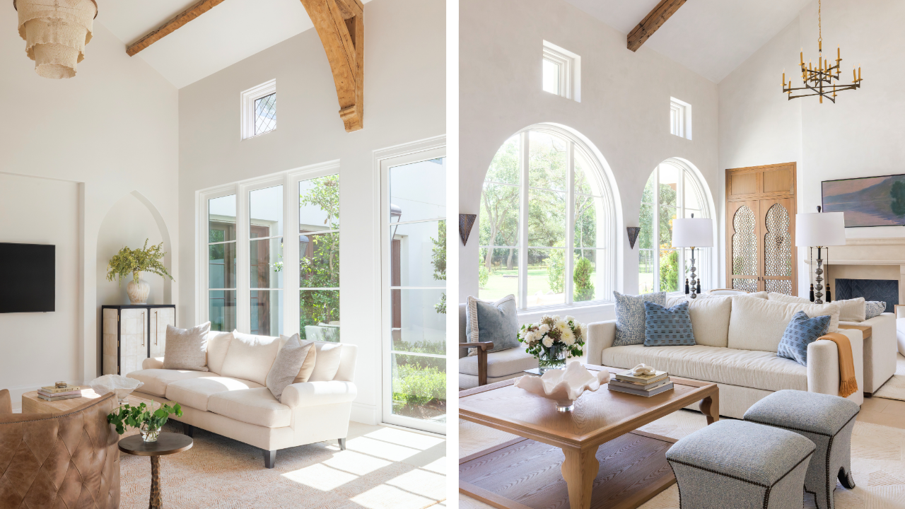 Tall rectangular and arched windows bringing natural light into luxury custom home living spaces.