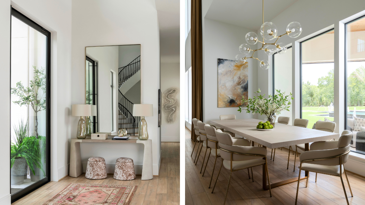 Large black-framed windows in a modern custom home entry and dining room.