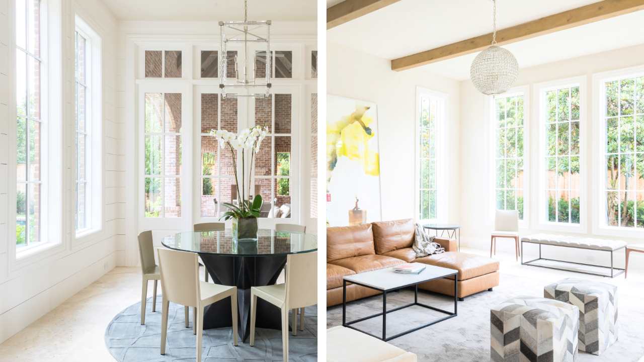 Traditional white-framed windows filling custom home living spaces with natural light.