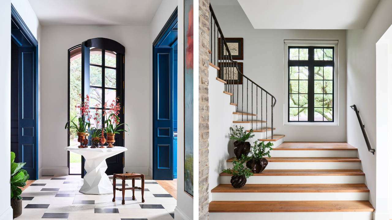 Custom home interiors featuring blue-trimmed windows and doors, a stone accent wall, and wood staircase.