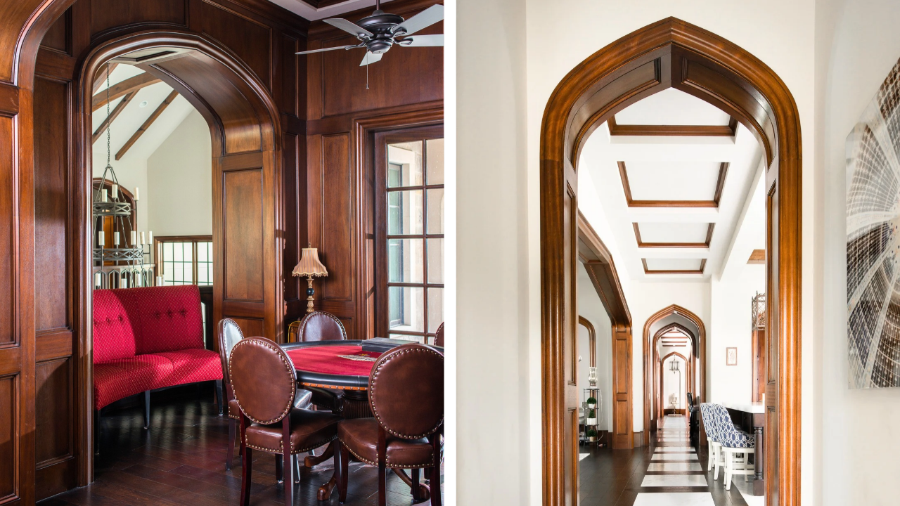 Custom interiors with detailed wood paneling, arched doorways, and custom millwork.