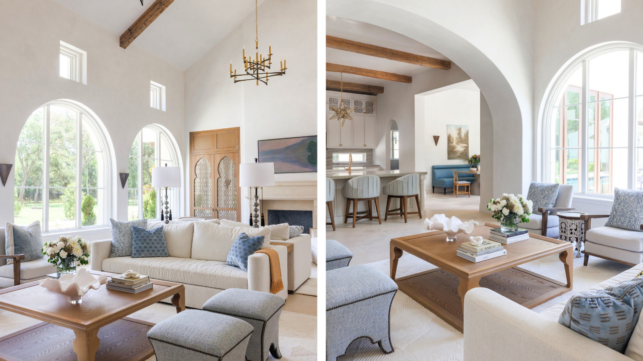 Bright custom home living spaces with arched windows, wood beams, and neutral finish selections.