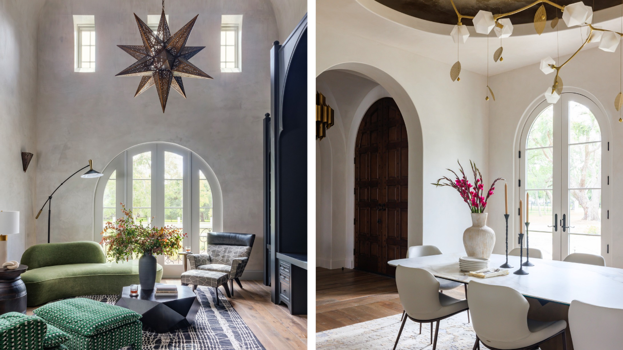 Custom home living and dining spaces with arched openings and statement light fixtures.