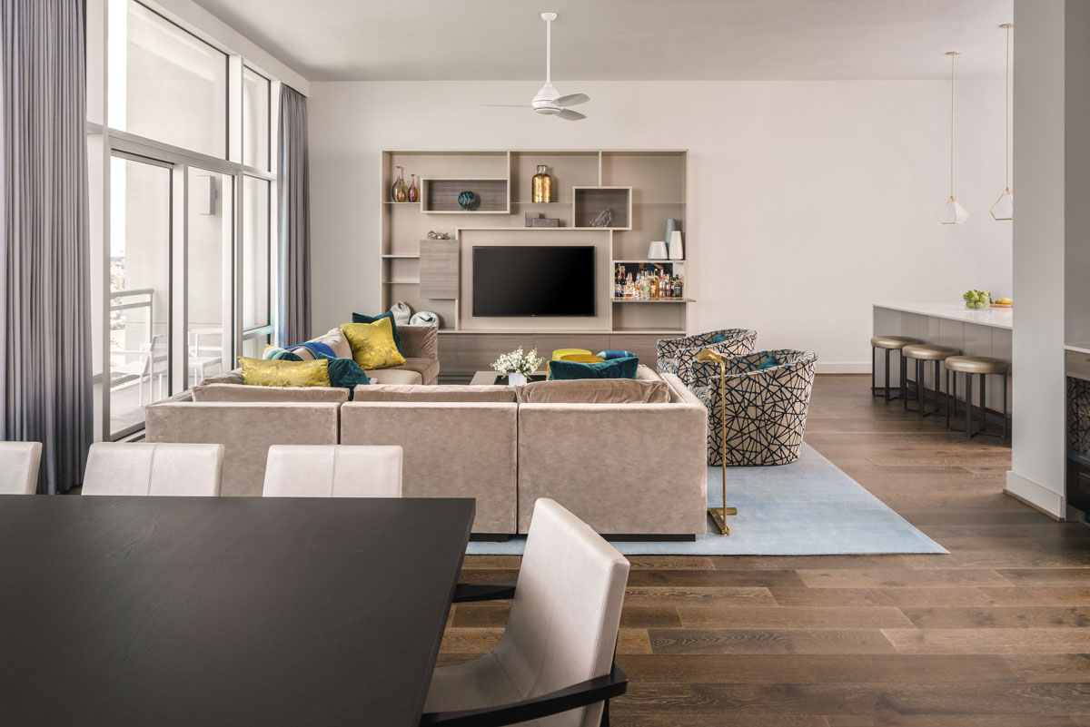 warm modern custom condo living room